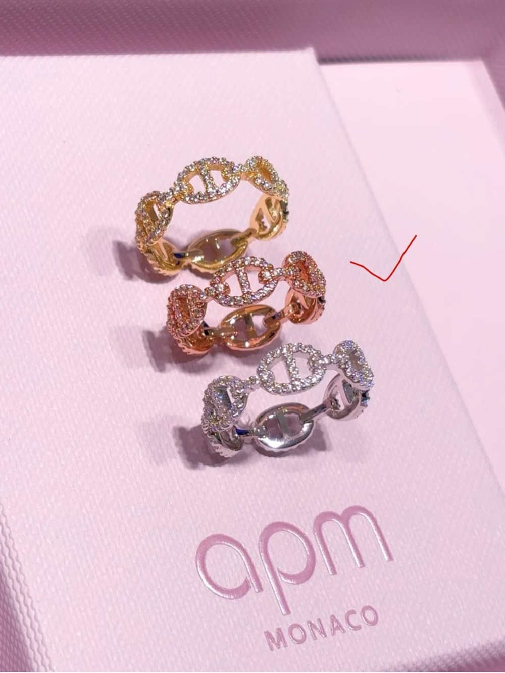 APM Monaco Rose Gold Pave Link Ring Size 7.5